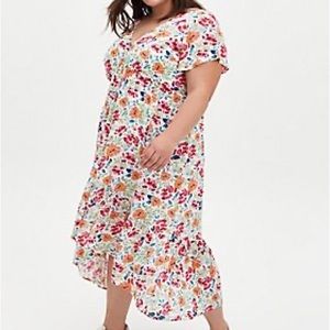 TORRID IVORY FLORAL GAUZE BUTTON FRONT TEA LENGTH DRESS